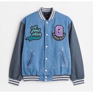 HM Mens Denim Varsity Jacket Blue Gray A Good Place Chenille Patch Bomber M